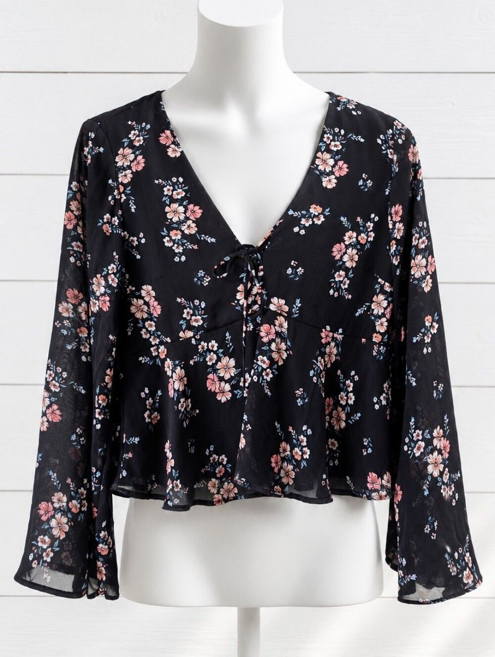Divided Black Floral Long Sleeve Top Size 6